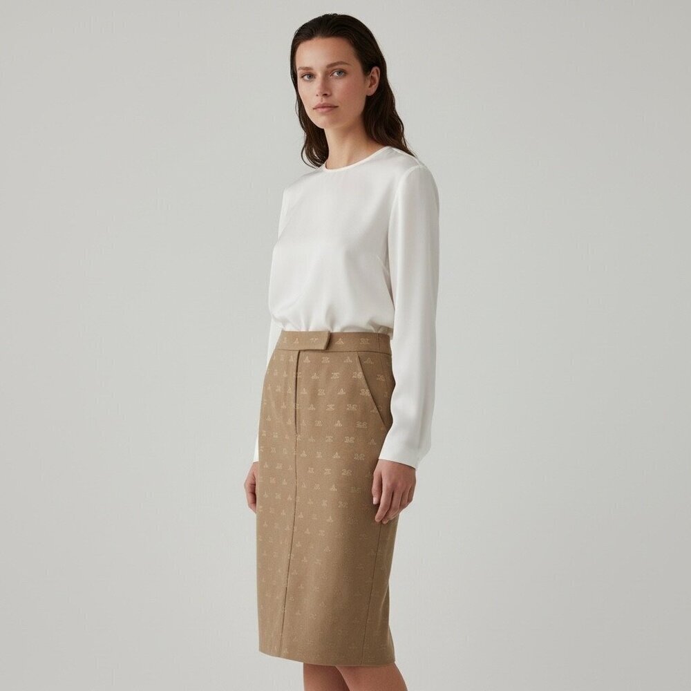 Rare Max Mara Special Edition Brown Monogram Jacquard Pencil Skirt Metallic 4